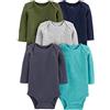 Simple Joys by Carter's Long-Sleeve Bodysuit Pack of 5 Body, Blu/Blu Marino/Blu Marino Slavato/Grigio Puntinato/Verde Oliva, 0-3 Mesi (Pacco da 5) Unisex-Bimbi