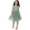 Maya Deluxe Midi Dress for Girls Sequins Embellished Party Tutu Bridesmaids Wedding with Belt Bow, Vestito Bambina, Deep Mint,