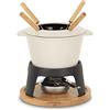 La Fonderie 1890 Set per fonduta in ghisa per 4 Persone Mont Joly, per fondute di Formaggio e Cioccolato, Coperchio antischizzi, 4 forchette con Manici in Legno di faggio, capacità 1,2 L, Beige