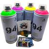 PROGAL COLORS Montana Colors MTN 94 Vernice spray fluorescente 4 colori (Viola, Fucsia, Giallo, Verde), 400 ml ciascuno, con 3 ugelli di ricambio