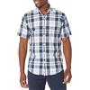Amazon Essentials Camicia in Popeline a Maniche Corte Regular Fit Uomo, Blu Marino Bianco Motivo Quadri Grandi, XS
