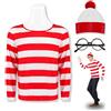 Feeziloe Set di costumi da uomo con cappello a cilindro, occhiali, calzini, top rosso e bianco, costume fresco per la Giornata mondiale del libro, Halloween, festa di abbigliamento scolastico (XL)