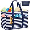 LUROON Borsa da spiaggia grande XXL per famiglia, con cerniera, impermeabile, borsa da spiaggia da donna, pieghevole, per viaggi e shopping, 50 x 35 x 20 cm, Blu marino e bianco