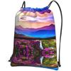 YYHWHJDE Zaino con coulisse con stampa floreale di montagna, leggero, impermeabile, con tasca con cerniera, per viaggi e sport