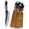 SHAN ZU Set di Coltelli da Cucina Forgiati a Mano,Set di Coltelli Giapponesi da 7 Pezzi con Ceppo Coltelli,Coltello da Chef in Acciaio 10Cr15MOV (7 Strati),Manico in Legno di Acero