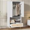 DACHETOU Armadio bianco 48 x 80 x 175 cm, con 2 ante, grande cassetto in rattan e asta appendiabiti, con gambe in metallo e maniglie in metallo, perfetto per camera da letto e soggiorno