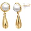 Airokiy Orecchini pendenti in perla, grandi orecchini a perno in acciaio inox ipoallergenico, gioielli alla moda da donna, oro giallo, perla, Oro giallo, Perla