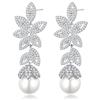 QUKE Orecchini da donna a forma di foglia con zirconia cubica e perle finte, pendenti, da sposa, senza foro, gioiello da donna, Small, Argento sterling