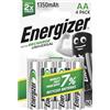 Energizer Recharge Universal - Batterie Ricaricabili AA (Confezione da 4) - Pile 1350 mAh NiMH - pronte all'uso - potenza di lunga durata - 100% imballaggio riciclabile privo di plastica
