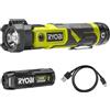 RYOBI RLP4-120G, Torcia Orientabile LED con Batteria al Litio 4V USB 2.0Ah, 3 Capacità di Illuminazione, Max Lumen 640, Fissabile su Superfici Metalliche, Leggera e Potente, Caricabatterie Incluso