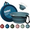 OHMO Ciotola Cane Portatile con Anello Acciaio Inox (2 pz., 400ml, Blu Scuro+Azzurro), Ciotola Pieghevole Silicone per Cani e Gatti, Kit Viaggio