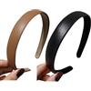 JIHUOO 2 cerchietti per capelli in pelle sintetica, stile vintage, larghi, accessori per capelli francesi, per donne e ragazze, nero e marrone