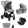 Nurse Wander Trio Carrito de Bebé 3 en 1, Capazo, Silla de Paseo y Silla de Coche i-Size, Plegado Compacto, con Accesorios, Gris
