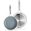 Greenpan Valencia Pro - Set di padelle in acciaio inox a tre strati da 20,3 cm e 25,4 cm, rivestimento in ceramica sana antiaderente senza PFA, senza PFOA, pentole multirivestite, induzione,