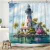 ASDCXZ Tenda da doccia 120 x 200 cm, tessuto impermeabile, arte moderna acquerello blu oceano piccola isola faro palme uccelli esterno lavabile poliestere tenda da bagno con 8 ganci