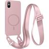 FMPCUON FNPCUON Cover Magnetica con Cordino per iPhone X/XS Compatibile con MagSafe,Ricarica Wireless, Placcatura Disegno Custodia con Collana Laccio Tracolla Regolabile Case.Rosa