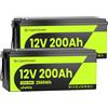 CyperOcean CyberOpean 2 PACK Batteria LiFePO4 12V 200Ah, 5120Wh Totale Celle Grado A, BMS 200A per Batteria, 6000+ Cicli, IP65, per Camper Solare Off-Grid e Carrelli Elettrici