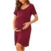 Bresdk Camicia da Notte per Allattamento Donna con Bottoni Estiva Manica Corta Parto Ospedale Morbidi Eleganti Abiti Premaman, Vino Rosso, S
