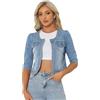 Allegra K Giacca corta in denim da donna senza collo a maniche 3/4 | Manica a 3/4, scollo rotondo, tasche applicate, lunghezza corta, aperto sul davanti, giacca di jeans casual