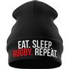 Purple Print House Rugby Gifts - Berretto ricamato con scritta Eat Sleep Rugby Repeat, regalo per ragazzi e uomini, Nero , Taglia unica