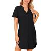 Lovasy Camicia da Notte Donna in Cotone Manica Corta Scollo a V Sexy Sottoveste Curvy con Bottoni Davanti Abito da Notte Estiva con Tasche B Nero S