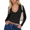 EMOTTOS Maglietta Donna Y2K, Maglie Sexy Patchwork in Pizzo con Scollo a V e Manica Lunga Crop Tops, T-Shirt Elasticizzata in Tinta Unita per Dimagrire Camicia, Nero, M