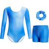Gogokids Tuta da ginnastica a tre pezzi, a maniche lunghe, set da ginnastica con pantaloncini e fascia per capelli, maglia glitterata per danza classica, con design sfumato per 3-12 anni, Blu, 110(100