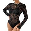 EMOTTOS Body da donna in pizzo sexy, manica lunga in rete trasparente stampata a fiocchi, scollo rotondo per vedere attraverso la tuta da donna, body femminile sexy da club