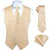 HISDERN Gilet da Uomo Elegante Paisley Gilet e Cravatta e Fazzoletto Da Taschino Set Floreale Jacquard Panciotto Uomo Champagne Oro 2XL