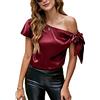 VIDUSSA Camicetta da donna con spalle scoperte, in seta, casual, a maniche corte, con scollo asimmetrico, in raso, Vino rosso, XX-Large