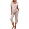 PrinStory Set pigiama da donna a maniche corte con maglietta e pantaloni capri, abbigliamento da casa con tasche, Beige Viola Fiore, L