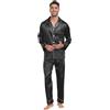 North Bund Pigiama da Uomo Raso Maniche Lunga Pantaloni Due Pezzi Camicia da Notte Caldo Lounge Set Morbido Seta Sleepwear Aperto Davanti Casa Loungewear con Tasche Nero XL