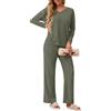 GRECERELLE - Set pigiama da donna elegante, a due pezzi, in lana pettinata, per la casa, outfit autunnale, con maniche lunghe larghe e pantaloni a gamba larga (Beige, S)