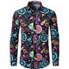 PARKLEES - Camicia da uomo in cotone e lino, stile disco anni '70, modello retrò, motivo tradizionale stampato, a maniche lunghe, con bottoni, Multicolore, M