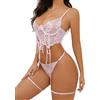Aranmei Lingerie Sexy per Donna Set Set di Lingerie da Donna con Reggicalze Body in Pizzo Floreale Teddy Babydoll Reggiseno con Ferretto e Slip Rosa Chiaro XXL