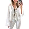 PDLCVD Top con Fiocco Davanti da Donna con Scollo a V in Lino con Lacci Camicie Casual Maniche Lunghe Svasate blouese Estate per Uscire, Bianco, XL