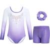 Gogokids Tuta da ginnastica a tre pezzi per bambine, set da ginnastica a maniche lunghe con pantaloncini e fascia per capelli, body glitterati per balletto - outfit da ginnastica con design sfumato