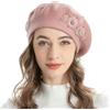 ZLYC Berretto Francese da Donna, Reversibile, Tinta Unita, Mosaico, in Cashmere, Caldo, per Ragazze, Fiori Ricamati Rosa, Taglia Unica