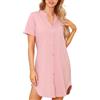 Lovasy Camicia da Notte Donna in Cotone Manica Corta Scollo a V Sexy Sottoveste Curvy con Bottoni Davanti Abito da Notte Estiva con Tasche B Rosa Fagiolo XL