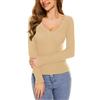 WOWENY Top/Camicia a Manica Lunga da Donna con Pizzo, Scollo a V, Elegante e Sexy, Top Basic, Sottoveste, cachi, M
