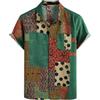 PARKLEES - Camicia da uomo in cotone e lino, stile vintage anni 70, con fantasia retrò, a maniche corte, con bottoni, Verde, S