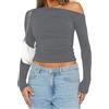 OOHOKAY Maglia a maniche lunghe da donna con spalle scoperte, classica, basic Tshirt Crop Tops Y2K Slim Fit Top Casual Shoulder Streetwear, Grigio-J, M