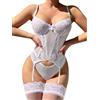 ssyyx, Set di Lingerie Sexy da Donna con Reggicalze in Pizzo, Body e Calze, Small