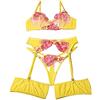 Aranmei Set di Lingerie da Donna 4 Pezzi con Reggiseno con Ferretto in Pizzo Ricamato Floreale con Perizoma Fasce per Cosce e Reggicalze, Giallo, S