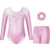 Gogokids - Completi da Ginnastica a Tre Pezzi per Ragazze, Set da Ginnastica a Maniche Lunghe con Pantaloncini e Fascia, Body da Danza Brillante con Design a Colori Sfumati per 3-12 Anni, 150(140-150