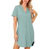 Lovasy Camicia da Notte Donna in Cotone Manica Corta Scollo a V Sexy Sottoveste Curvy con Bottoni Davanti Abito da Notte Estiva con Tasche B Verde XL