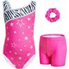 Gogokids - Set da ginnastica in 3 pezzi, con scollo a Y, senza maniche, con pantaloncini e fascia, con motivo a blocchi di colore blu e viola, 3-12 anni, 150(140-150 cm,11-12Y)
