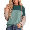 Generic Color Block Manica Lunga Maglia A Costine Top Casual Sciolto Girocollo Camicetta Pullover Camicie Da Donna Oversize Triped Maglione, Verde, S