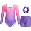 Gogokids - Completi da Ginnastica a Tre Pezzi per Ragazze, Set da Ginnastica a Maniche Lunghe con Pantaloncini e Fascia, Body da Danza Brillante con Design a Colori Sfumati per 3-12 Anni, 140(130-140
