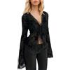EMOTTOS Crop Top con Scollo V Sottile, Sexy Trasparente Increspato Y2K Top Svasato con Maniche Lunghe in Rete, Chiffon Tessuto Tie Front Tops Semitrasparente Corto per Le Donne, Nero/Marrone, S-L